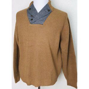 Orvis Signature Cashmere Wool Shawl Collar Patch Elbows Gray Brown Sweater Large